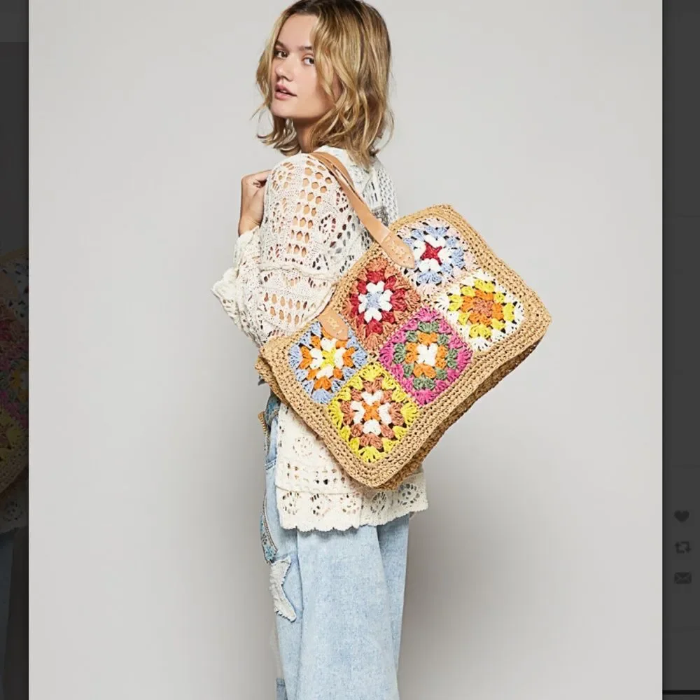 POL bag POL tote Multicolor Crochet Patchwork Straw Tote with Tan Handles NEW